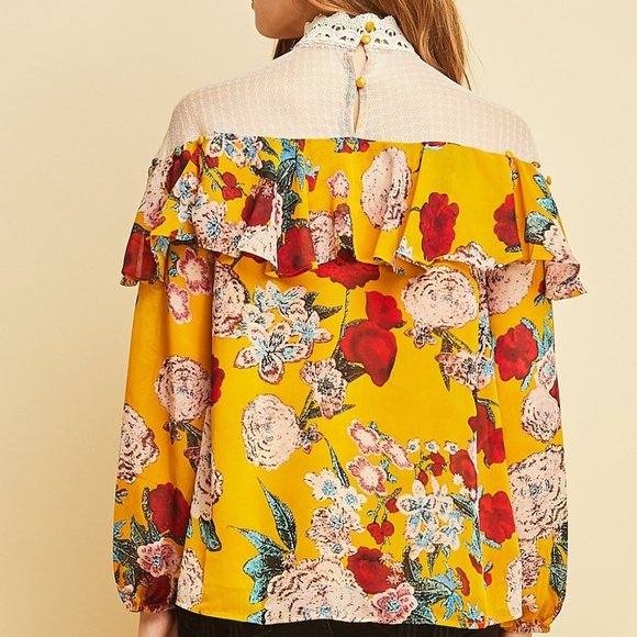 Entro Mustard Floral Print Scalloped Mock Neck Top - Picture 4 of 6